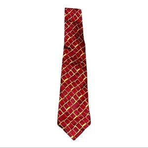 Mens Desantis Italian Silk tie dark red and gold geometric design square diamond